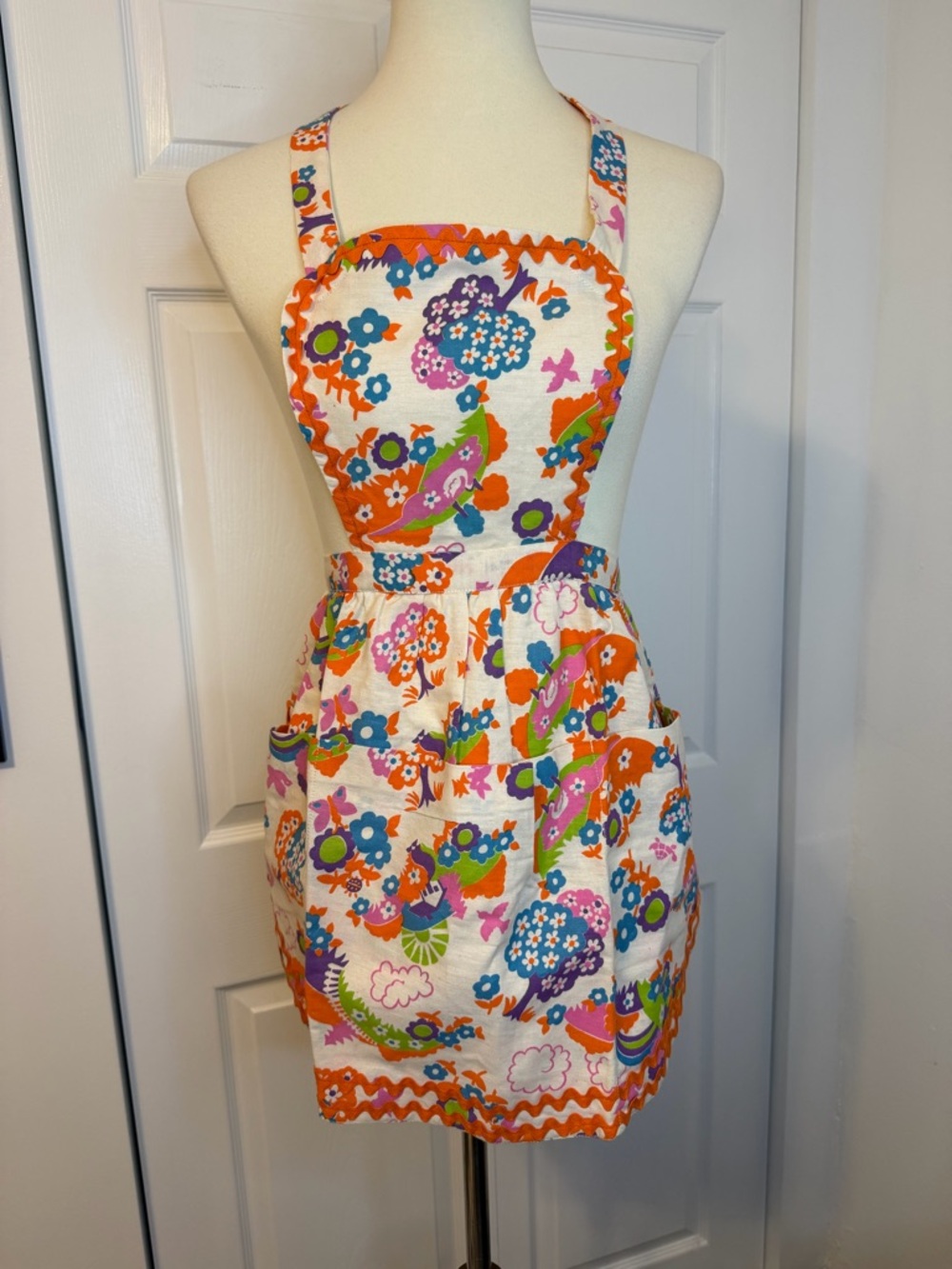 60’s Dayglo Floral Apron in Bright Orange, Blue & Pink